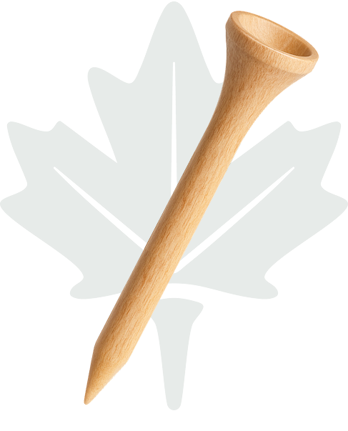 Wooden golf tee with Maple Tees logo